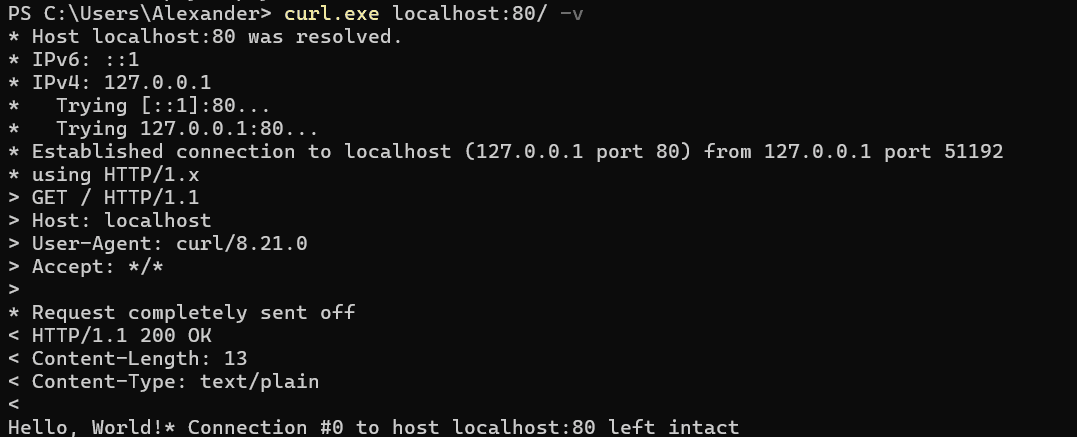 PowerShell test showing HTTP-PyServer return 200 OK with the expected response body