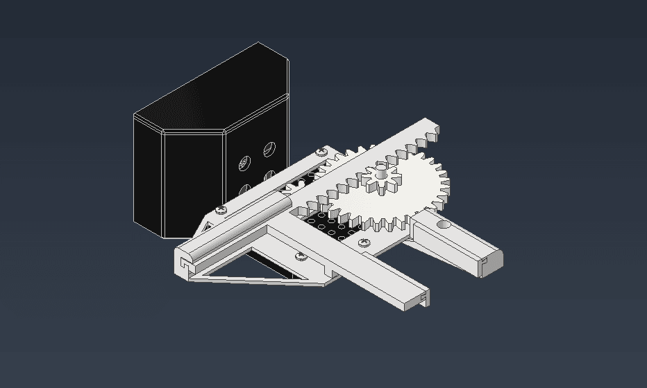CAD rendering of the Q-Arm rack-and-pinion gripper