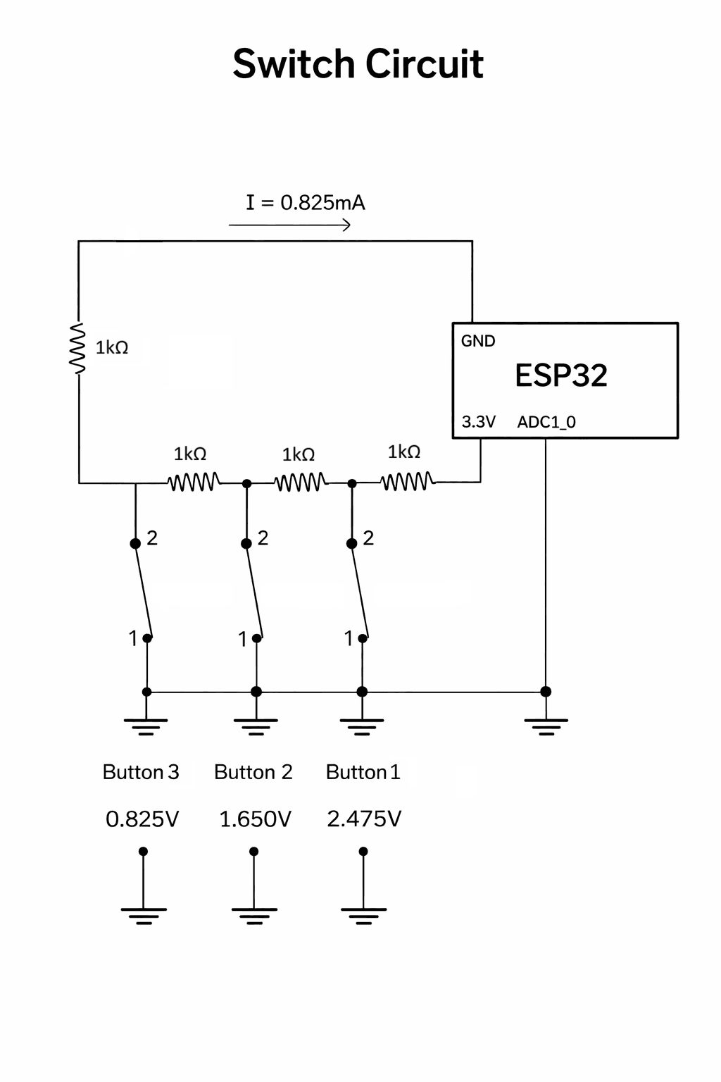 Resistor-ladder circuit diagram showing three switches connected to one ESP32 ADC input
